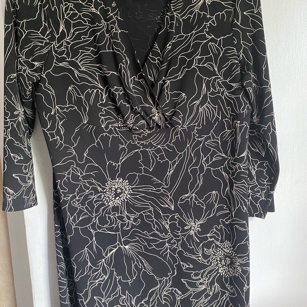 BCBG Black and White Sheath Dress with Cowl Neck